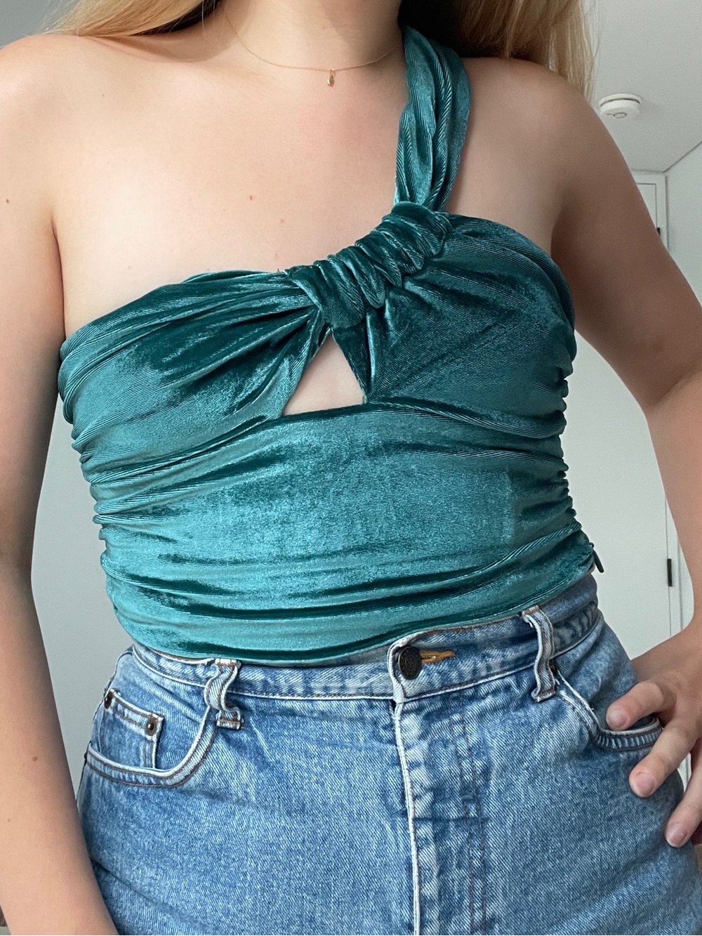 Teal Velvet Asymmetrical Crop Top
